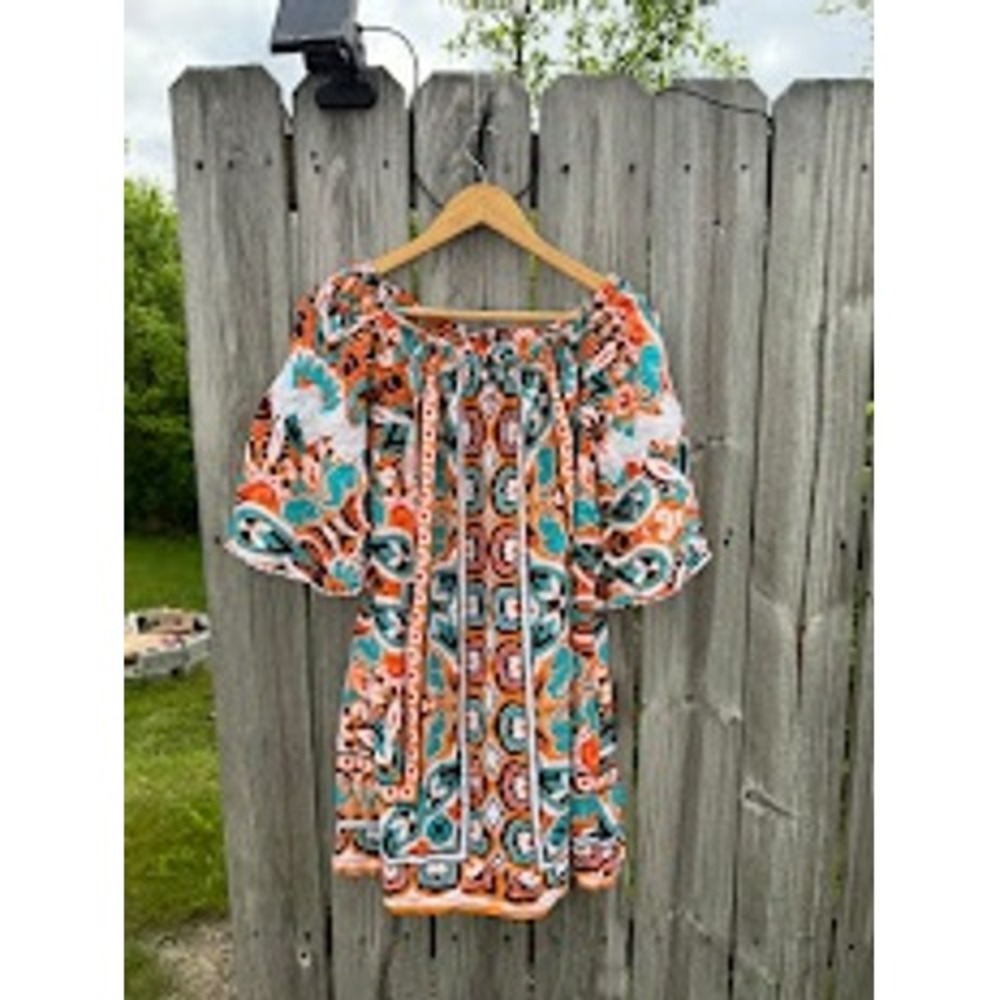Crown & Ivy Orange Teal Elephant Paisley Lace Trim Peasant Blouse Top Medium